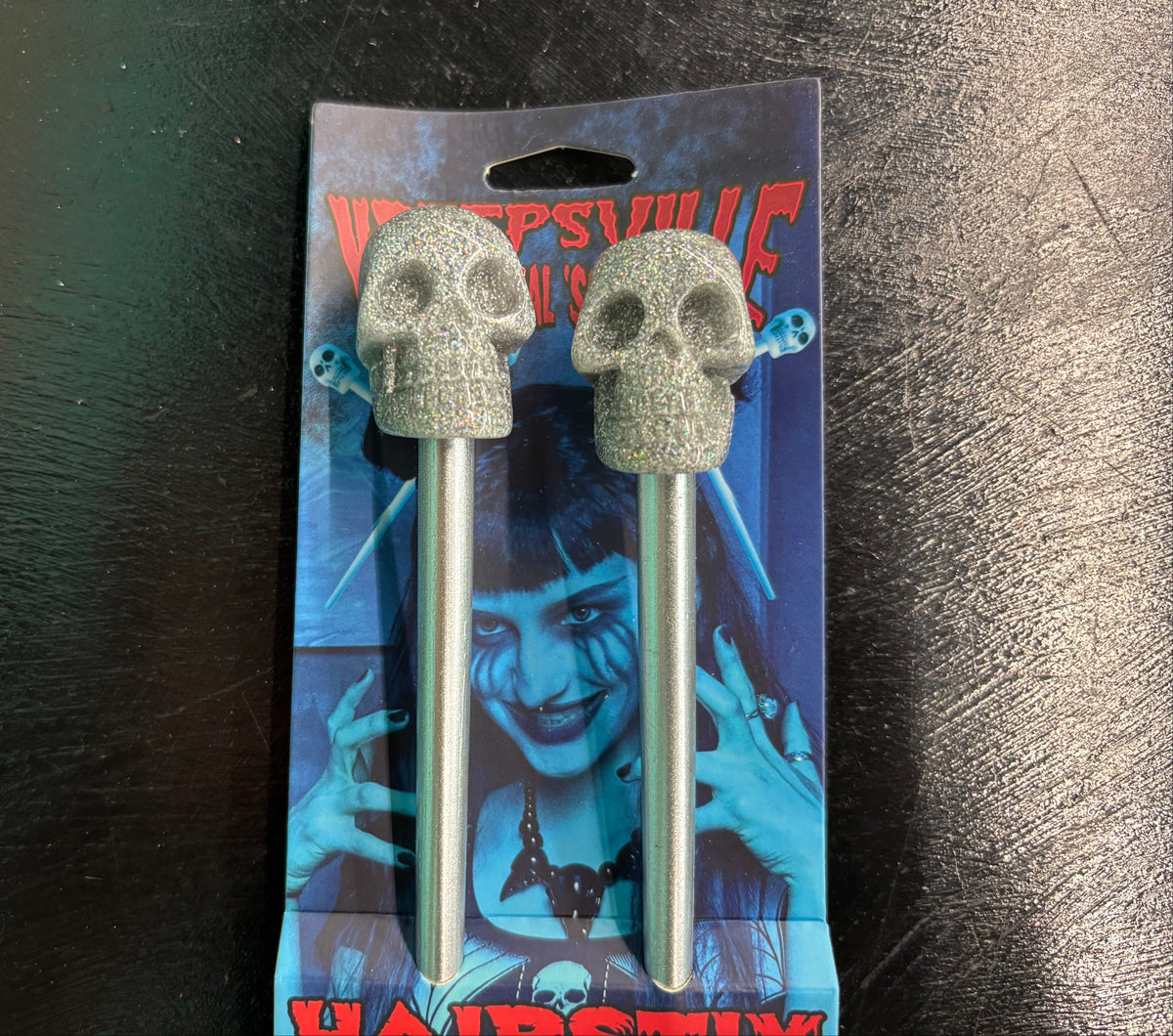Silver Glitter Skull - Hair Sticks