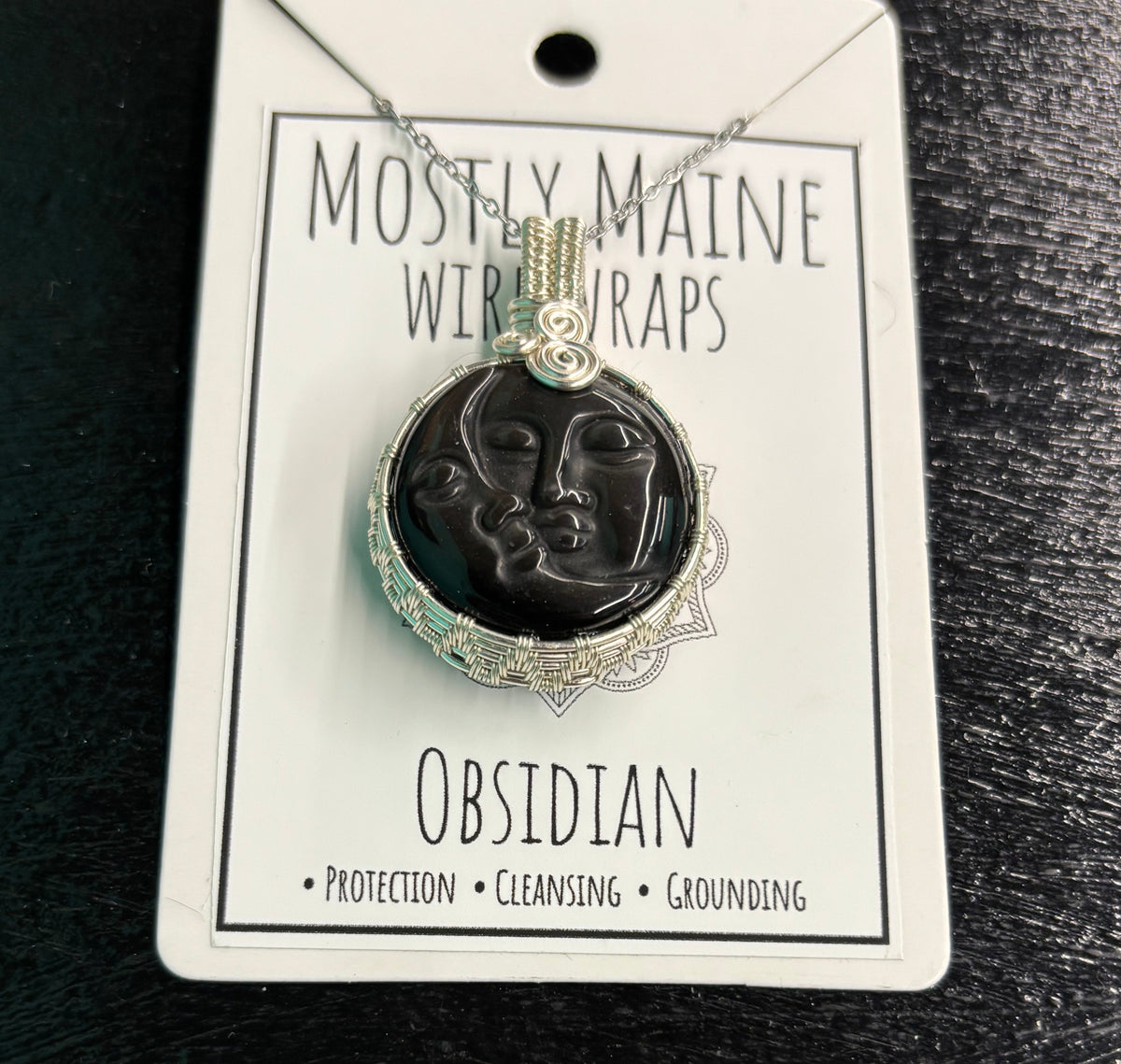 Obsidian Sun & Moon Carving Wire Wrapped Silver - Necklace
