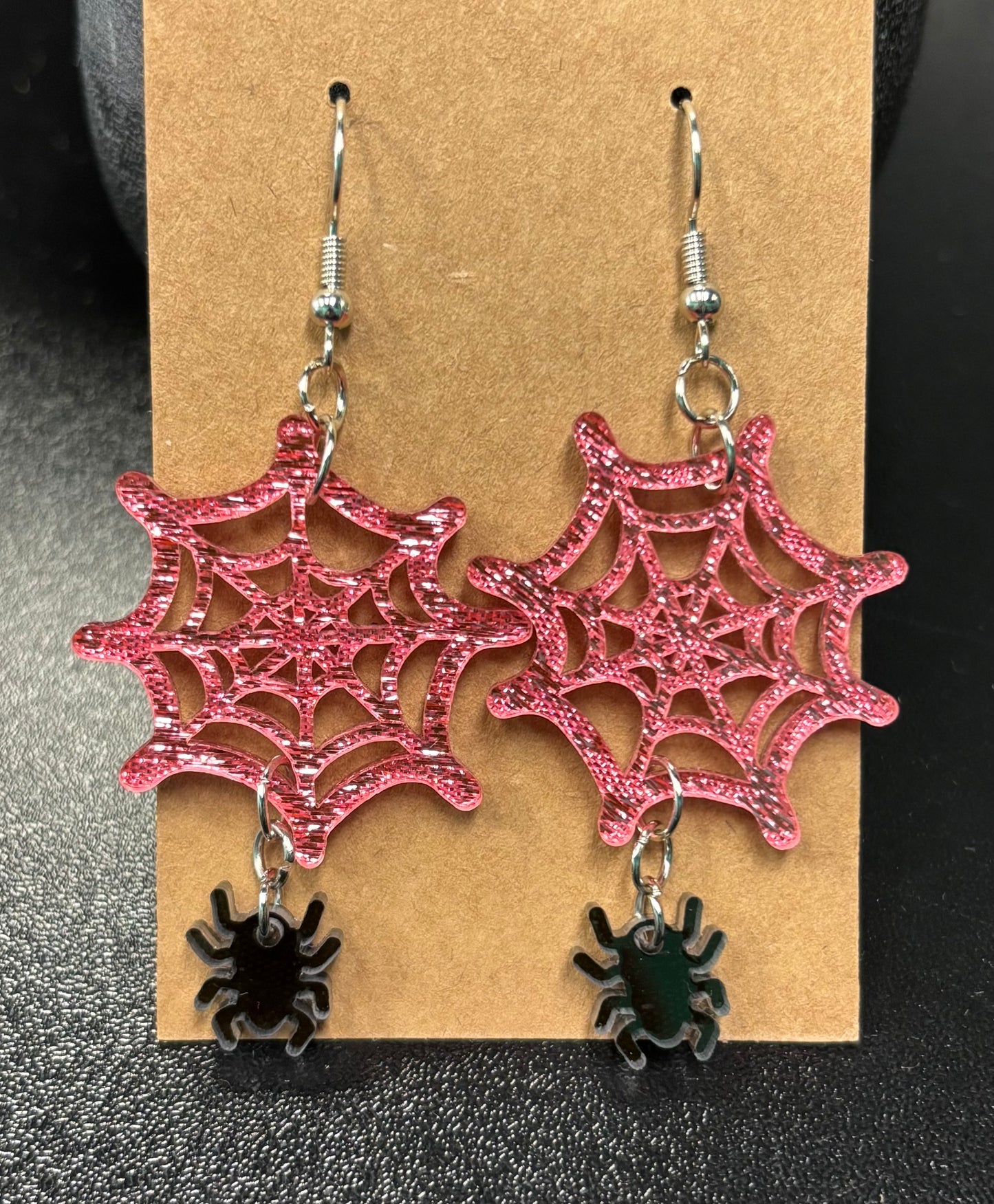Pink Spider Webs with Spider - Earrings