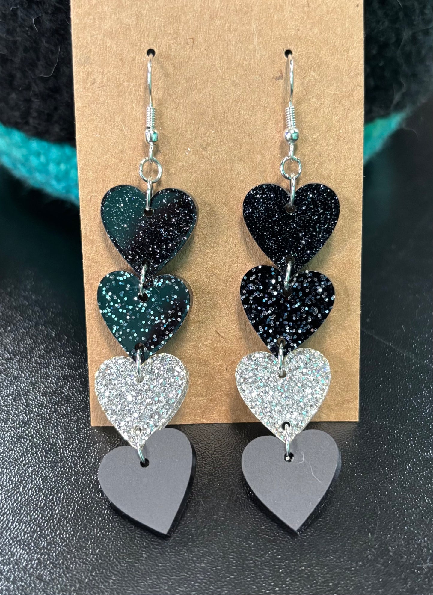 Black and Silver Sparkle Hearts - Earrings