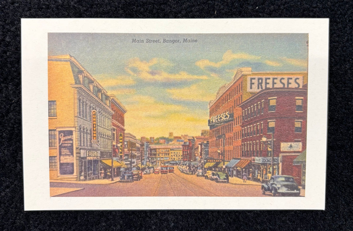 Main Street, Bangor, Maine, Freeses sign - postcard