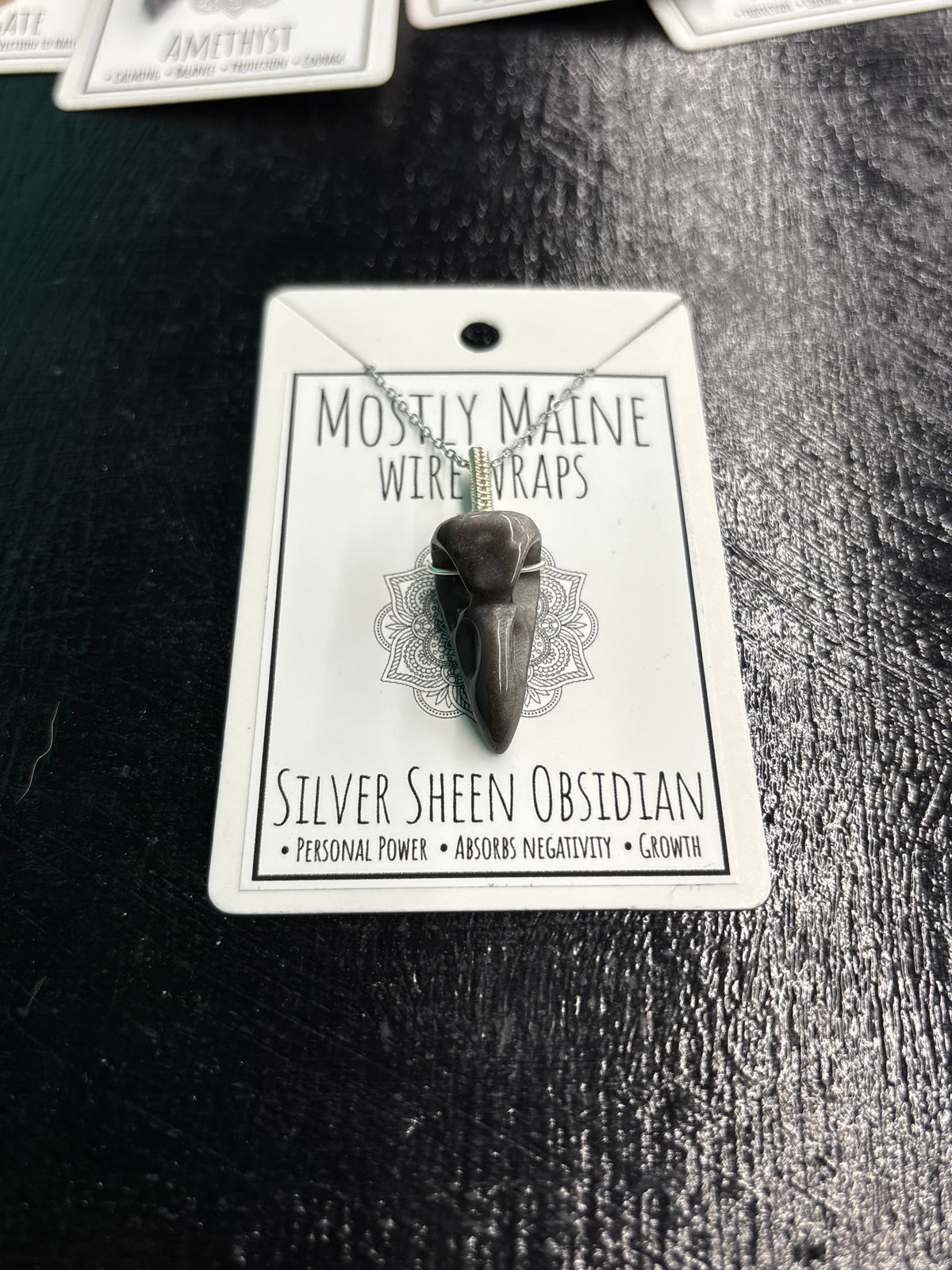 Raven Skull Gemstone Carving Wire Wrapped Silver Variant - Necklace