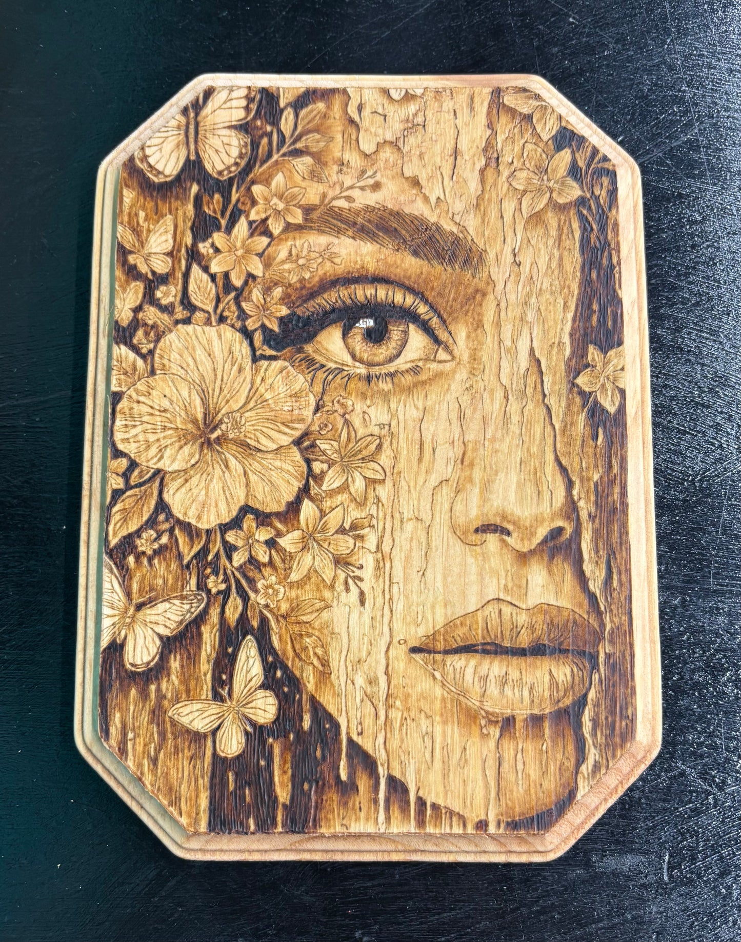 Half Face with Flowers and Water - Wood Art