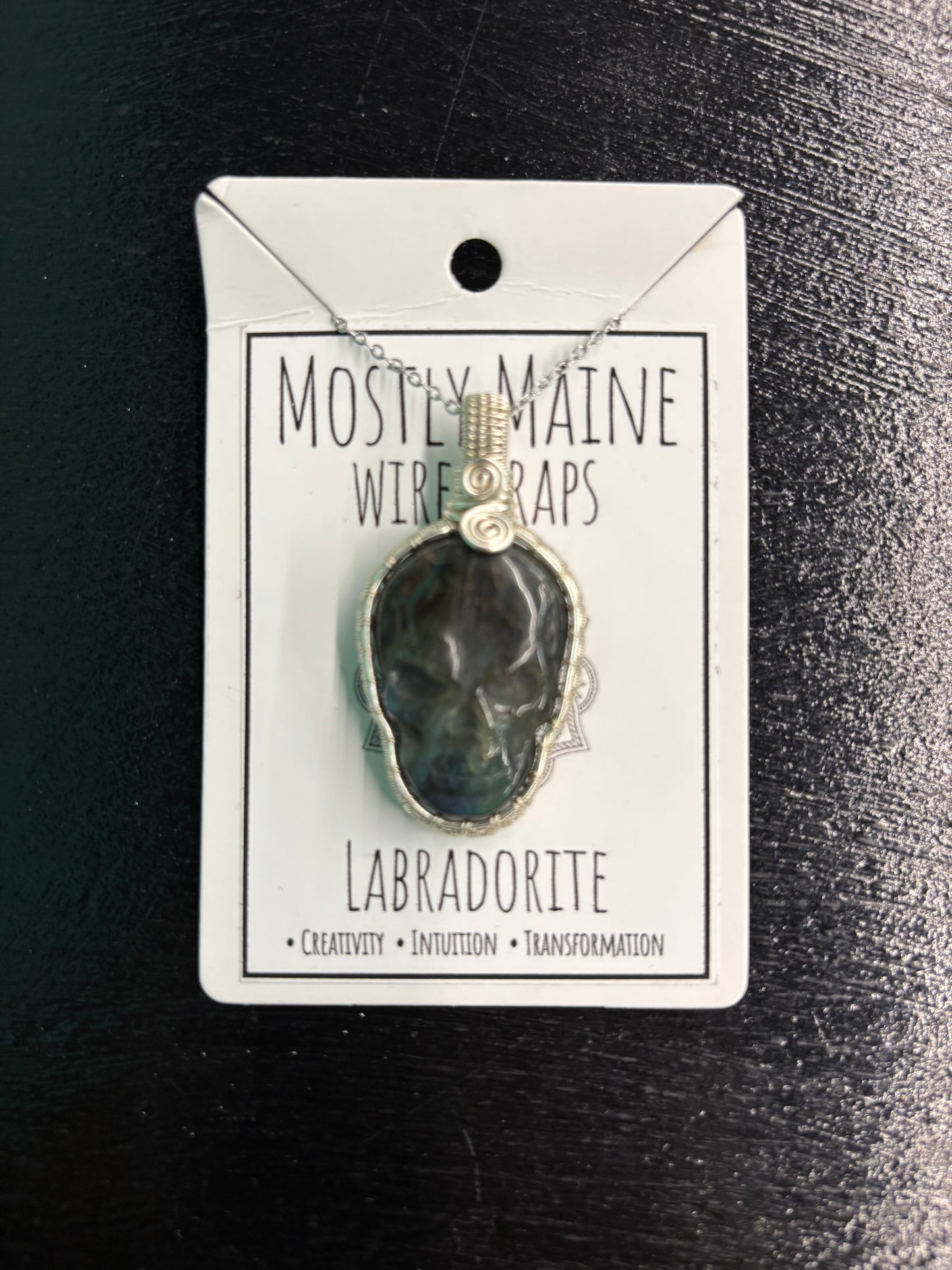 Labradorite Skull Carving Wire Wrapped Silver - Necklace