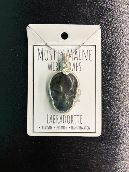 Labradorite Skull Carving Wire Wrapped Silver - Necklace