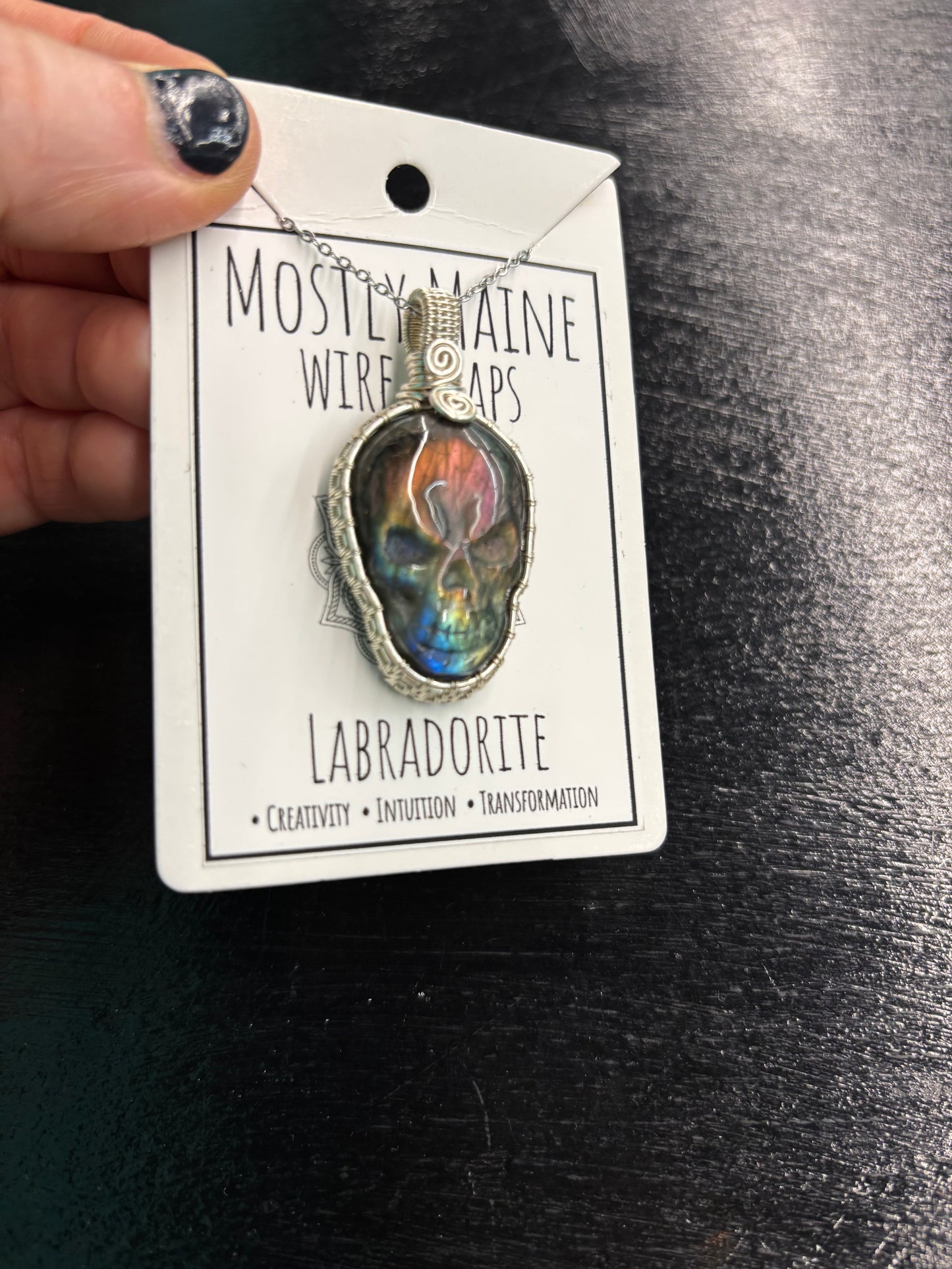 Labradorite Skull Carving Wire Wrapped Silver - Necklace