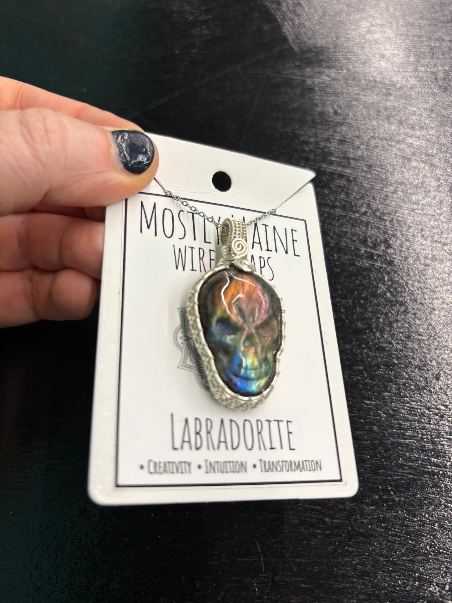 Labradorite Skull Carving Wire Wrapped Silver - Necklace