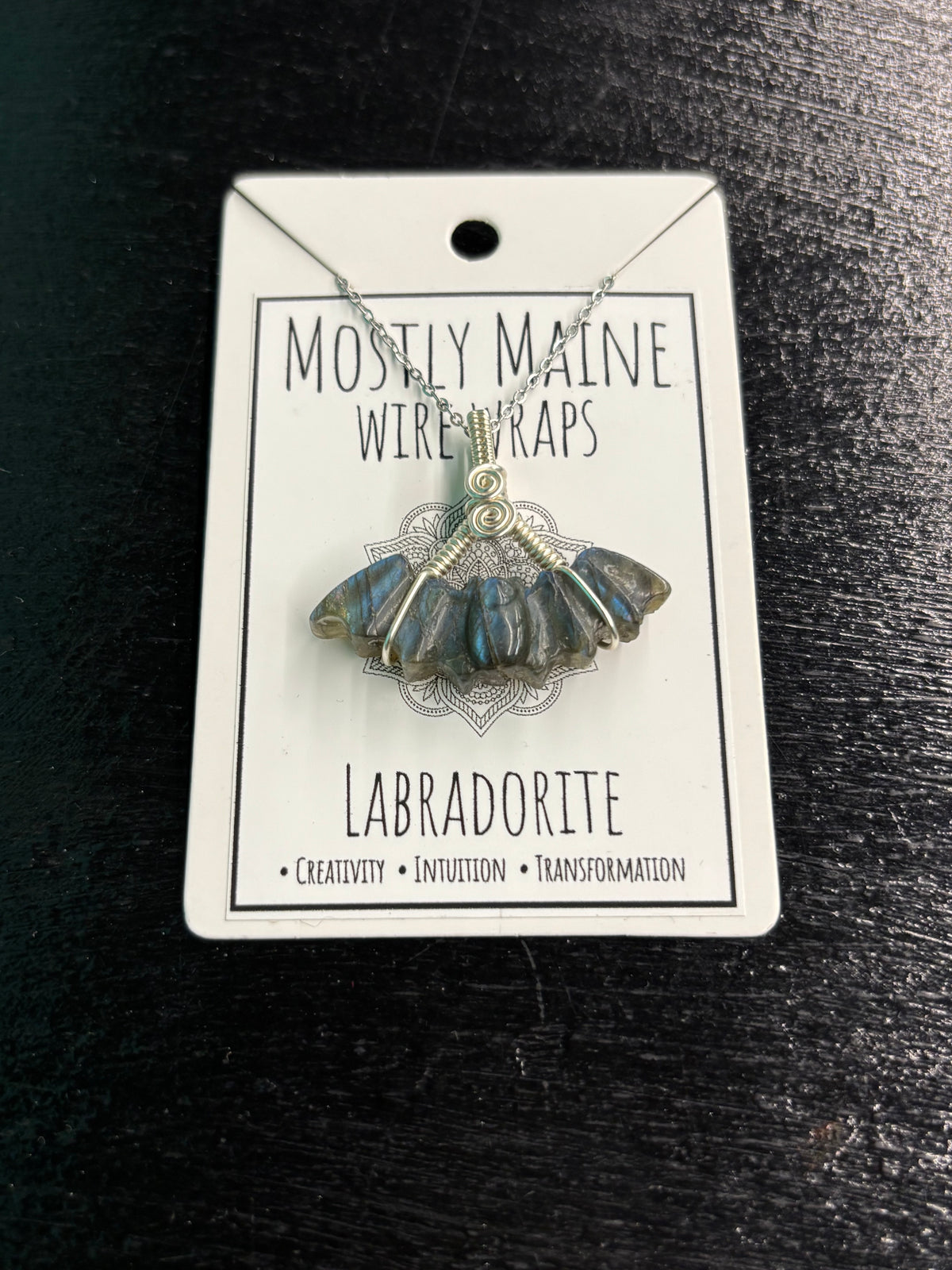 Labradorite Bat Carving Wire Wrapped Silver - Necklace