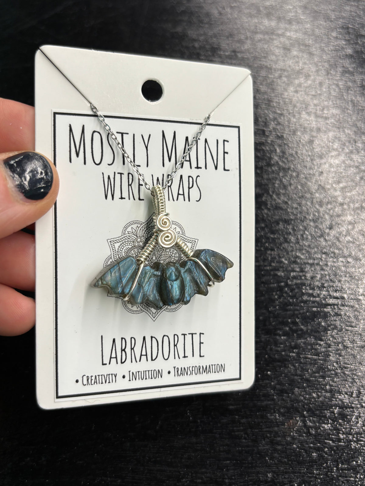 Labradorite Bat Carving Wire Wrapped Silver - Necklace
