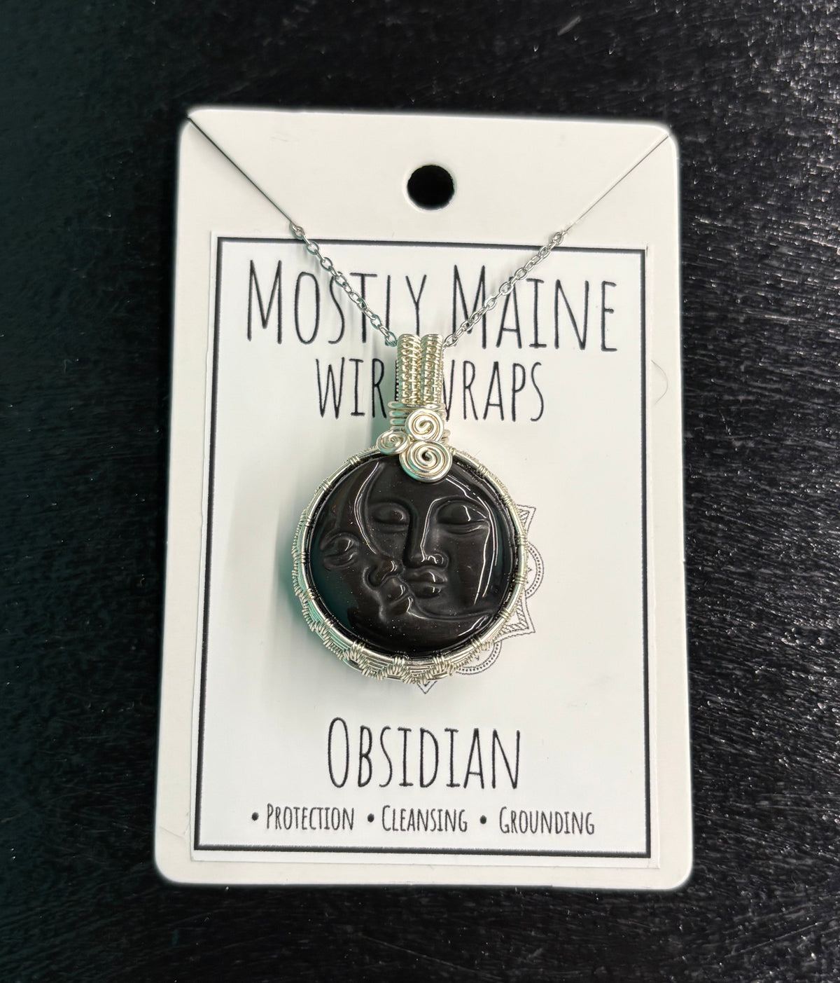 Obsidian Sun & Moon Carving Wire Wrapped Silver - Necklace