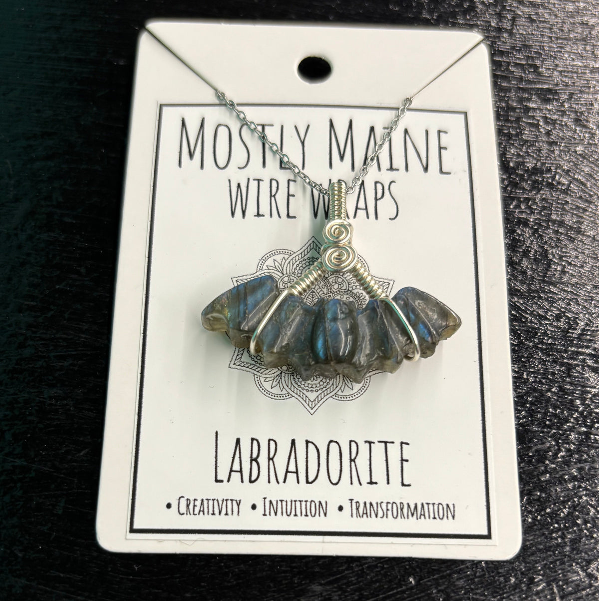 Labradorite Bat Carving Wire Wrapped Silver - Necklace