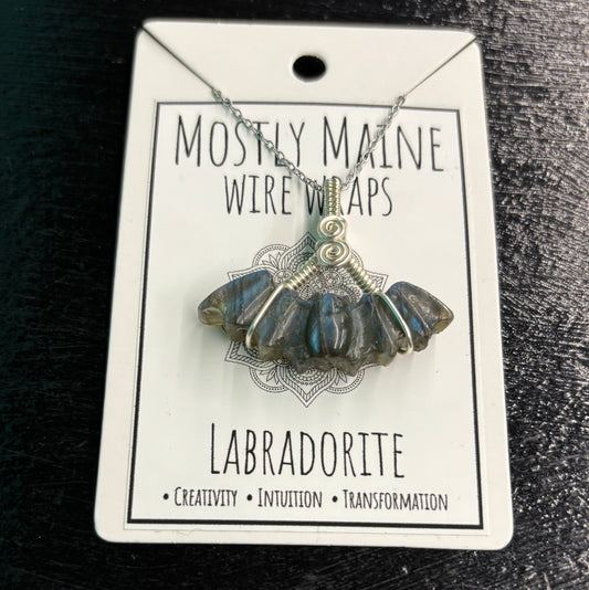 Labradorite Bat Carving Wire Wrapped Silver - Necklace