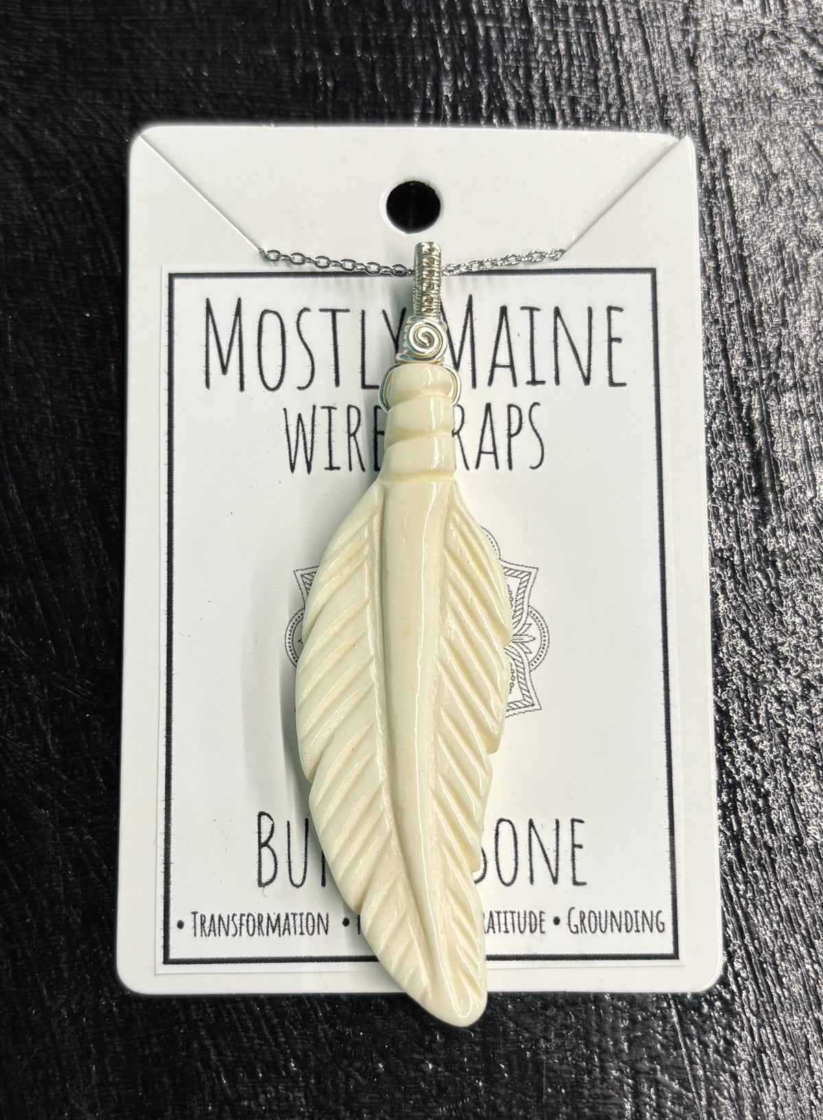 Buffalo Bone Feather Carving Wire Wrapped Silver - Necklace