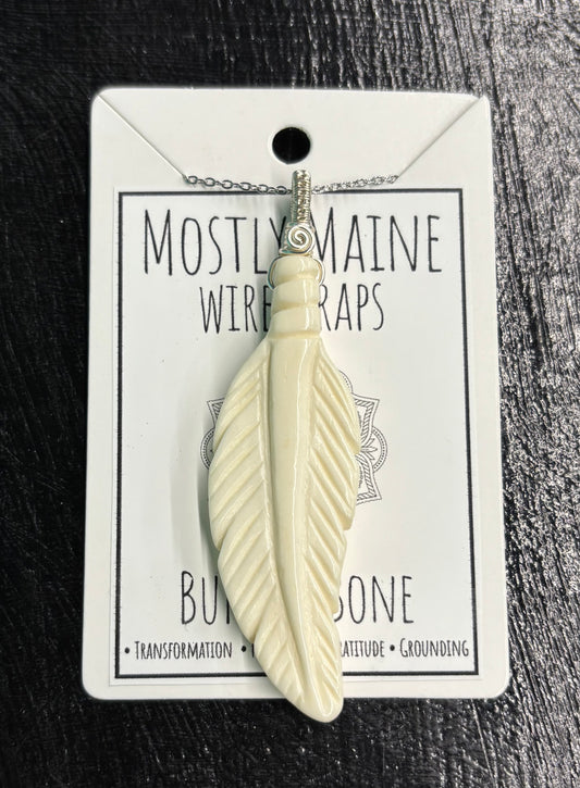 Buffalo Bone Feather Carving Wire Wrapped Silver - Necklace