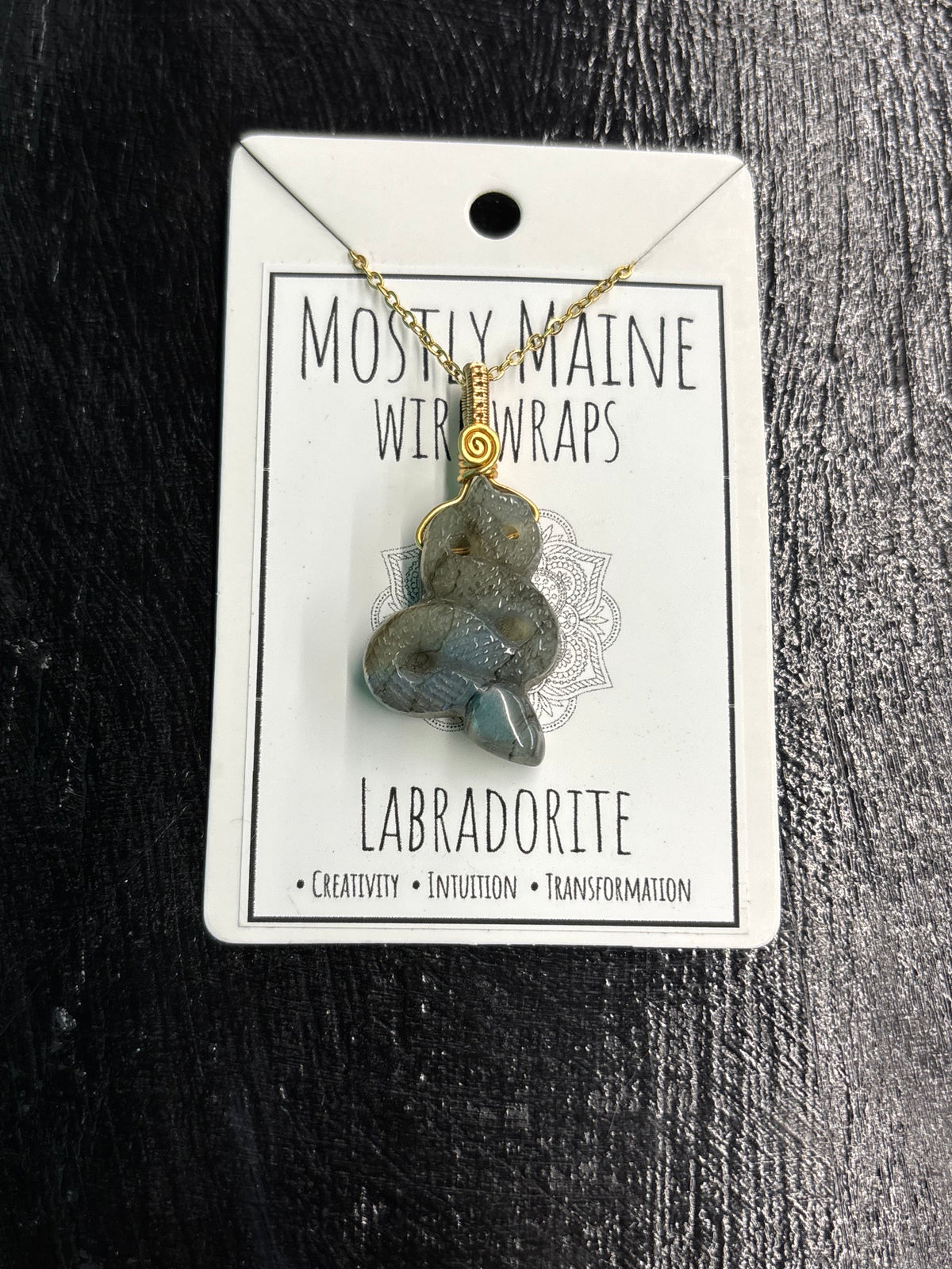 Labradorite Snake Carving Wire Wrapped Necklace - Gold