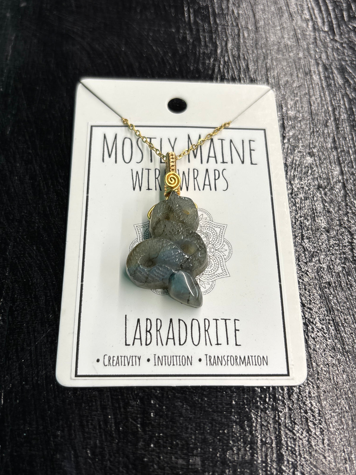 Labradorite Snake Carving Wire Wrapped Necklace - Gold