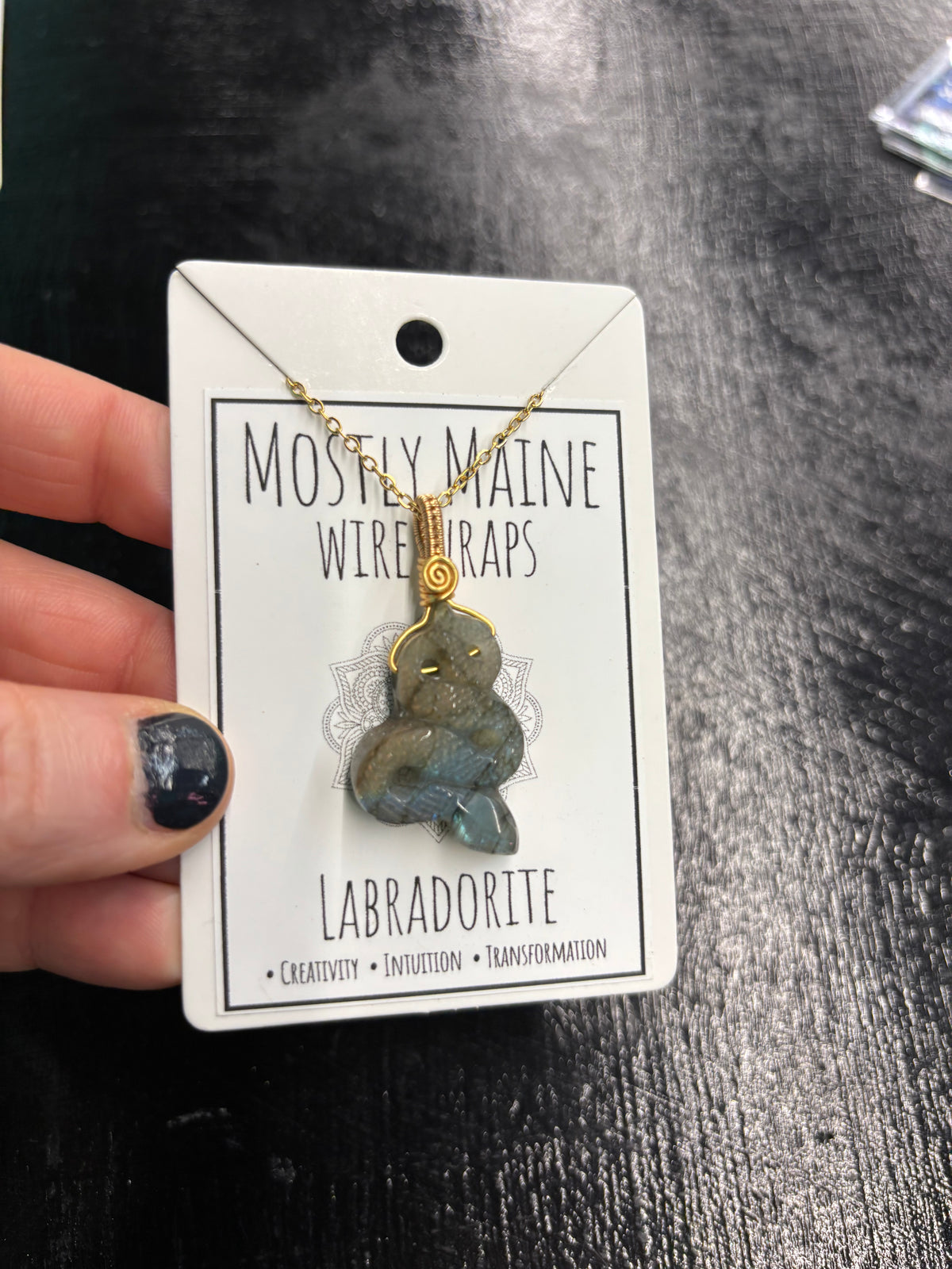Labradorite Snake Carving Wire Wrapped Necklace - Gold