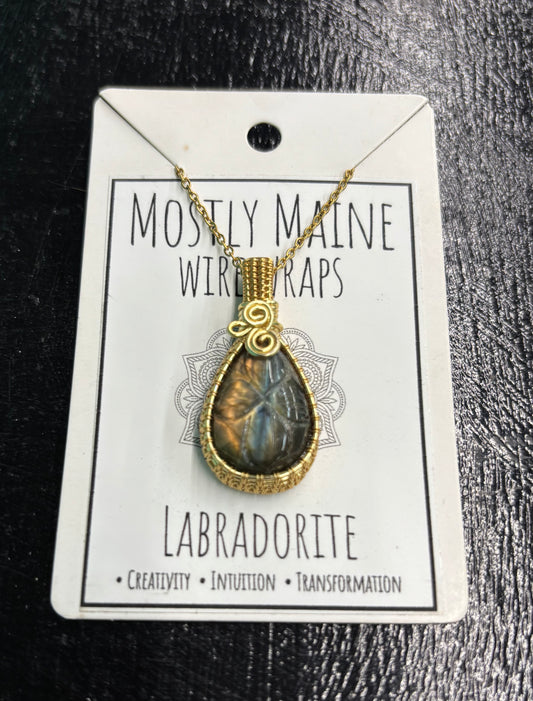Labradorite Carved Wire Wrapped Gold - Necklace