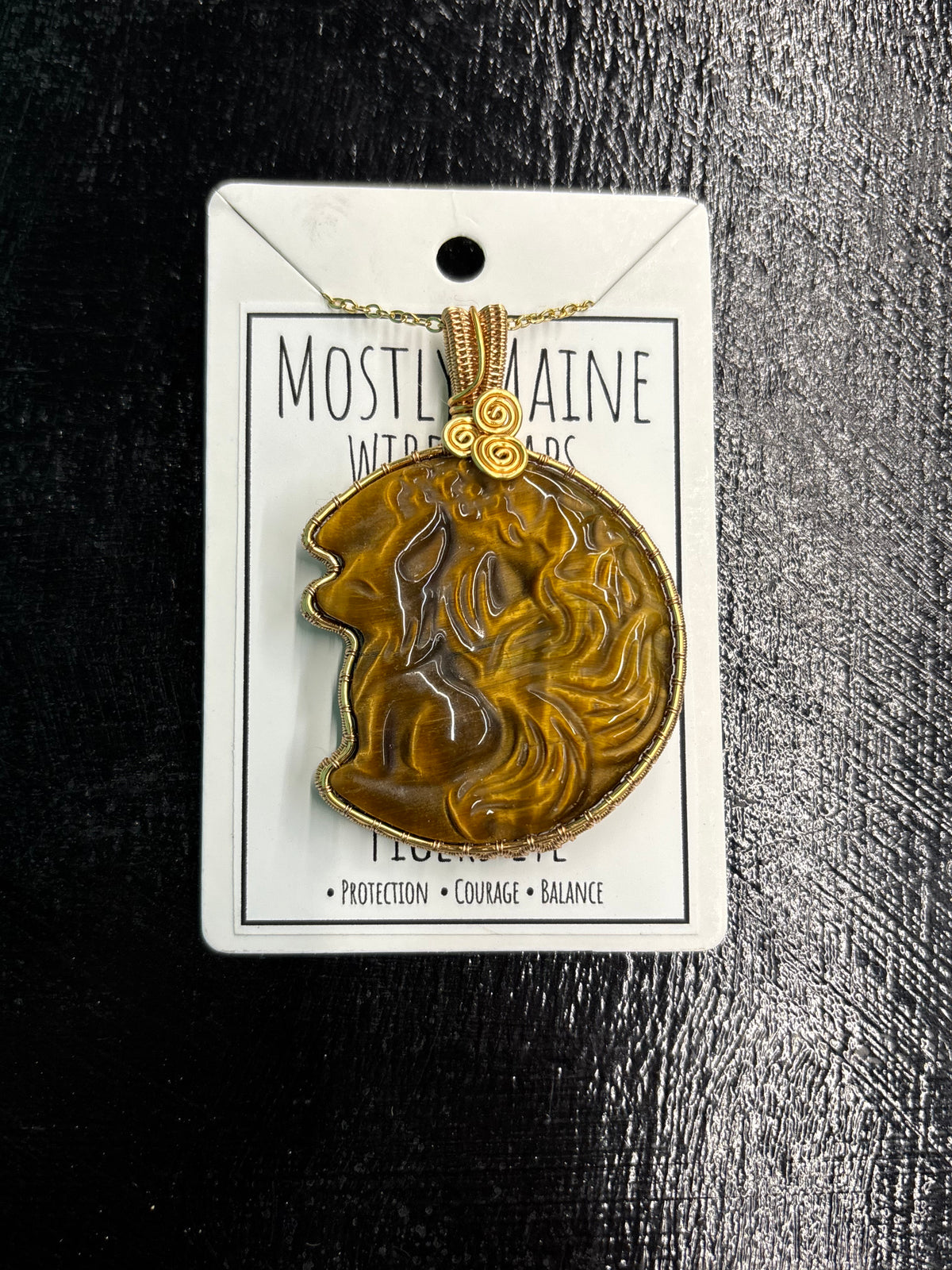 Tigers Eye Nine Tailed Fox Carving Wire Wrapped Gold - Necklace