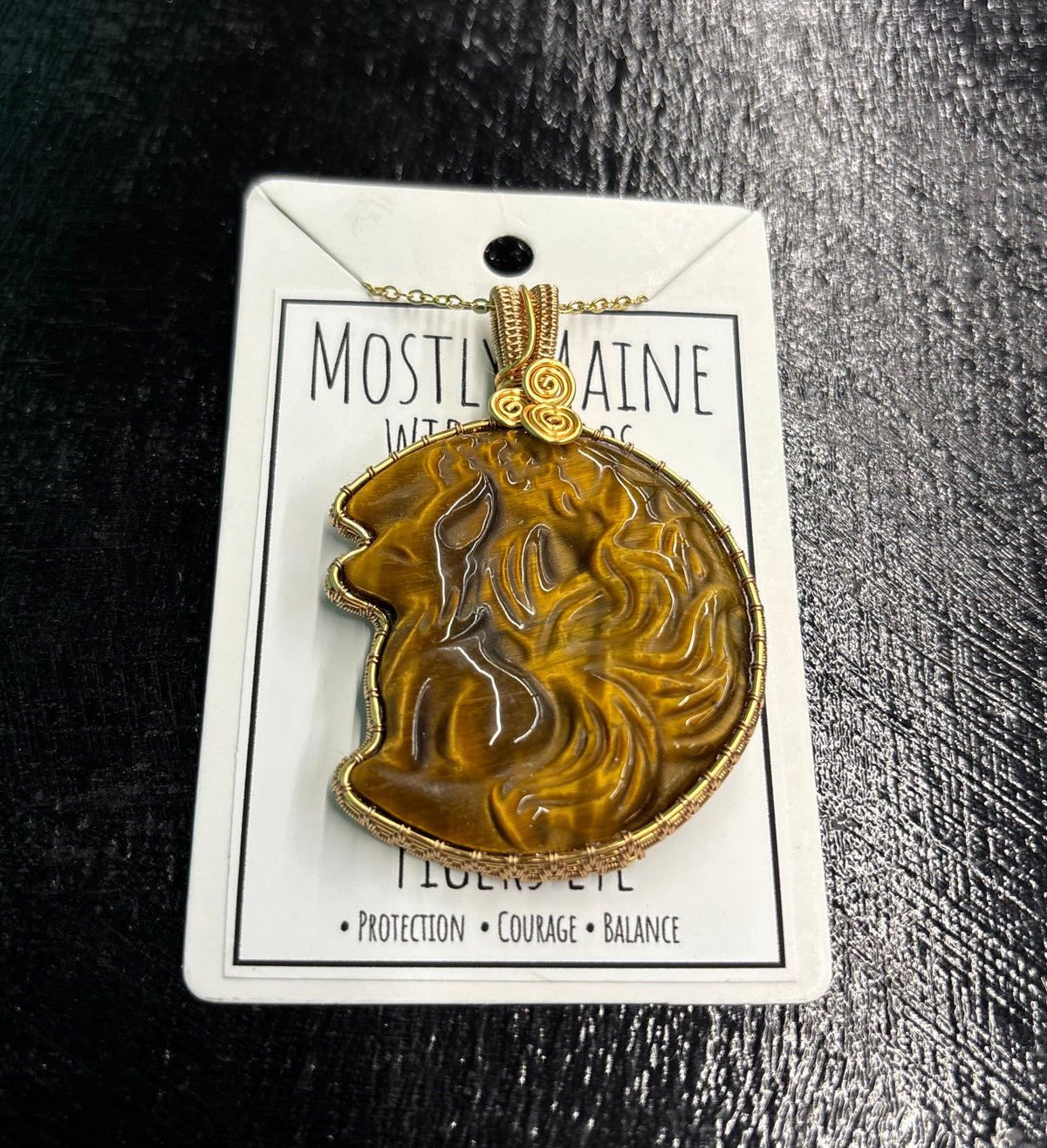 Tigers Eye Nine Tailed Fox Carving Wire Wrapped Gold - Necklace