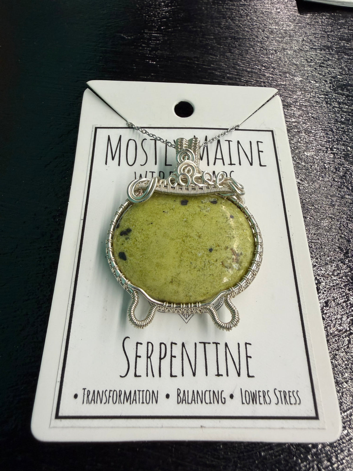 Serpentine Cauldron Silver Wire Wrapped - Necklace