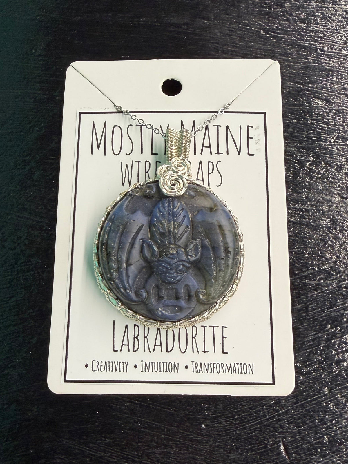 Labradorite Moth Skull Carving Silver Wire Wrapped - Necklace