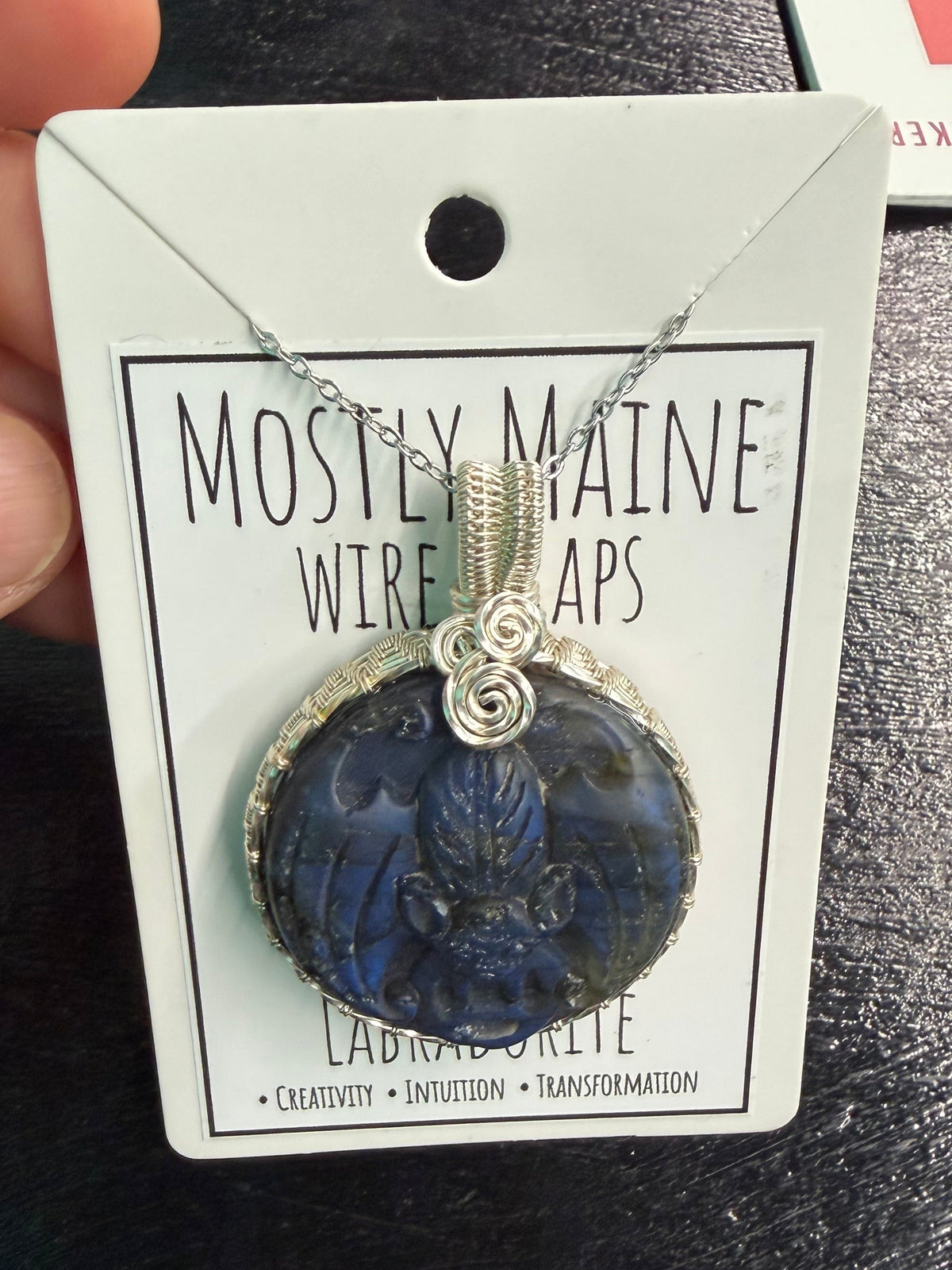 Labradorite Moth Skull Carving Silver Wire Wrapped - Necklace