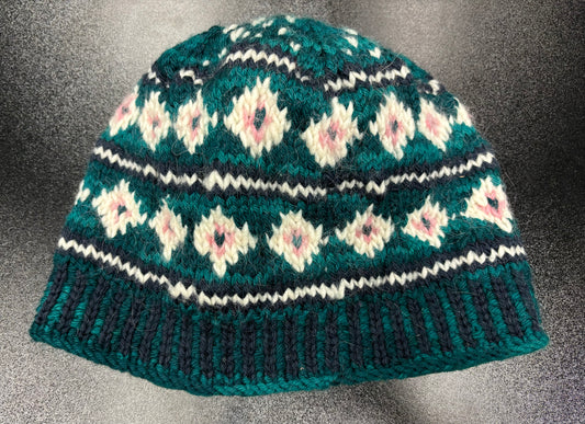 Dark Green, Navy, White, and Light Pink Diamonds - Wool Hat