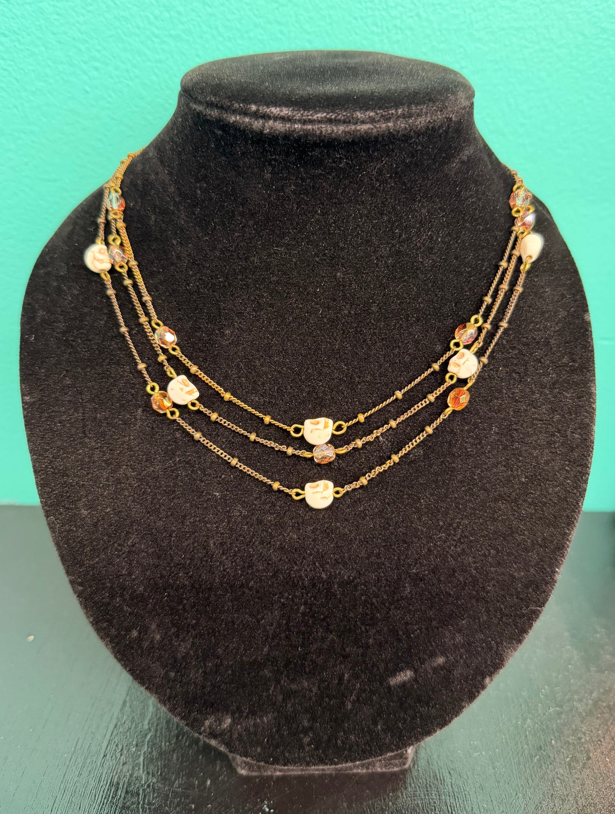 3 Strand Brass Crystal and Skull - Necklace
