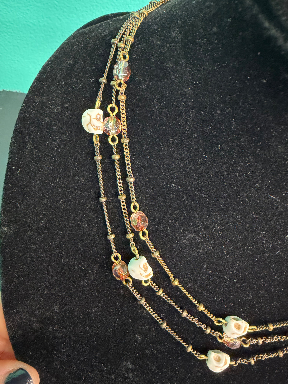 3 Strand Brass Crystal and Skull - Necklace