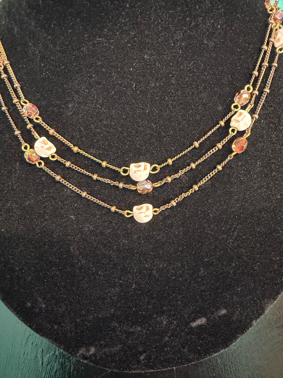 3 Strand Brass Crystal and Skull - Necklace