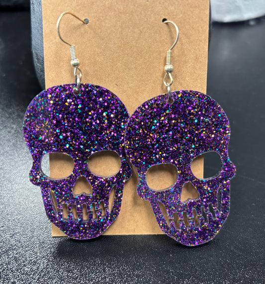 Large Purple Sparkle Skull - Earrings