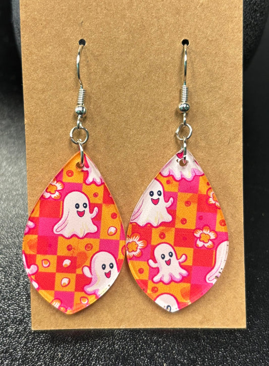Pink and Orange Checker Ghosts - Earrings