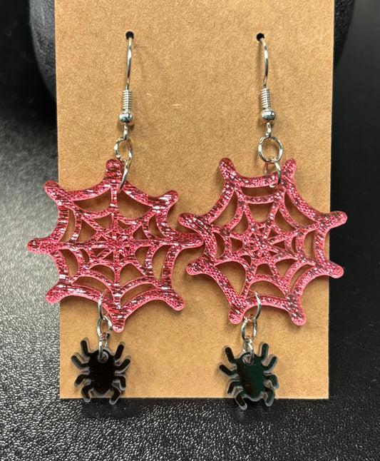 Pink Spider Webs with Spider - Earrings
