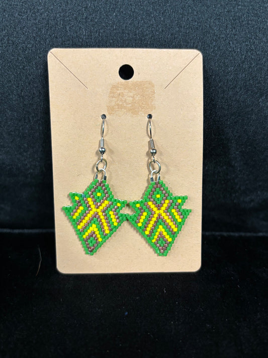 Green Yellow and Copper Beaded - Earrings