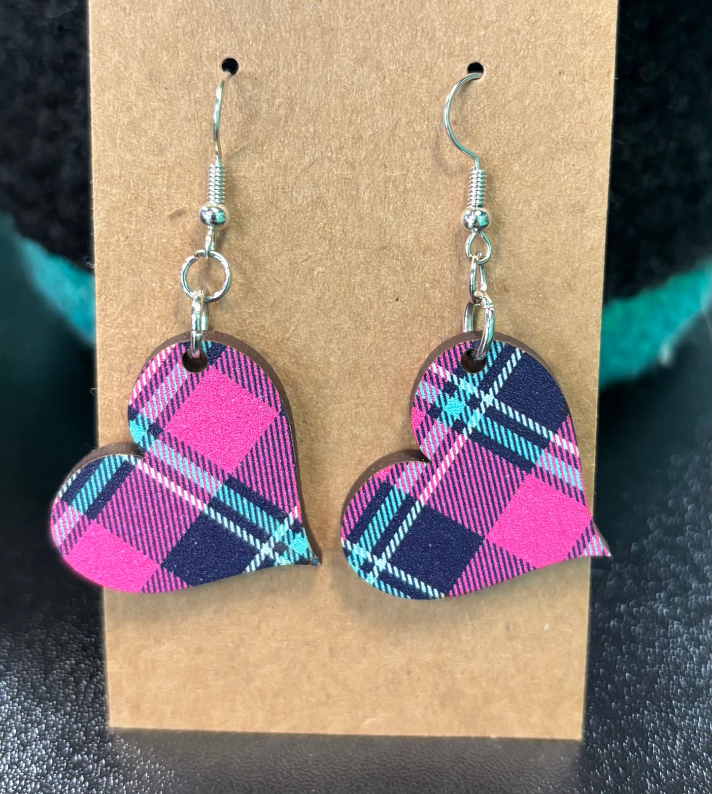 Pink and Teal Plaid Heart - Earrings