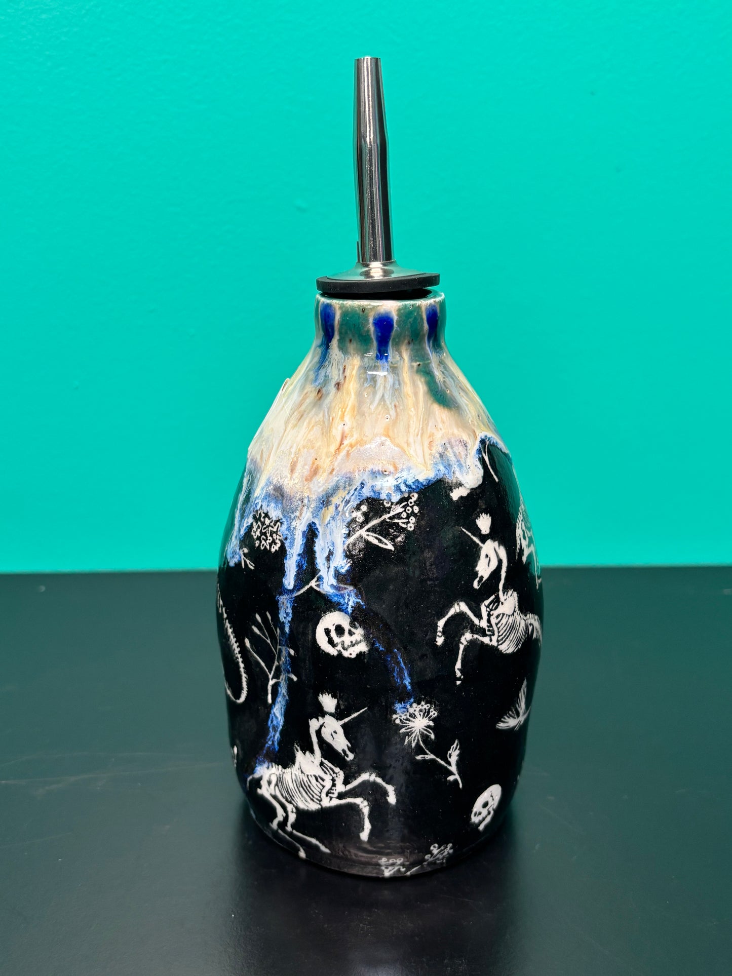 Skull and Skeleton Unicorn - Ceramic Oil/ Vinegar Cruet