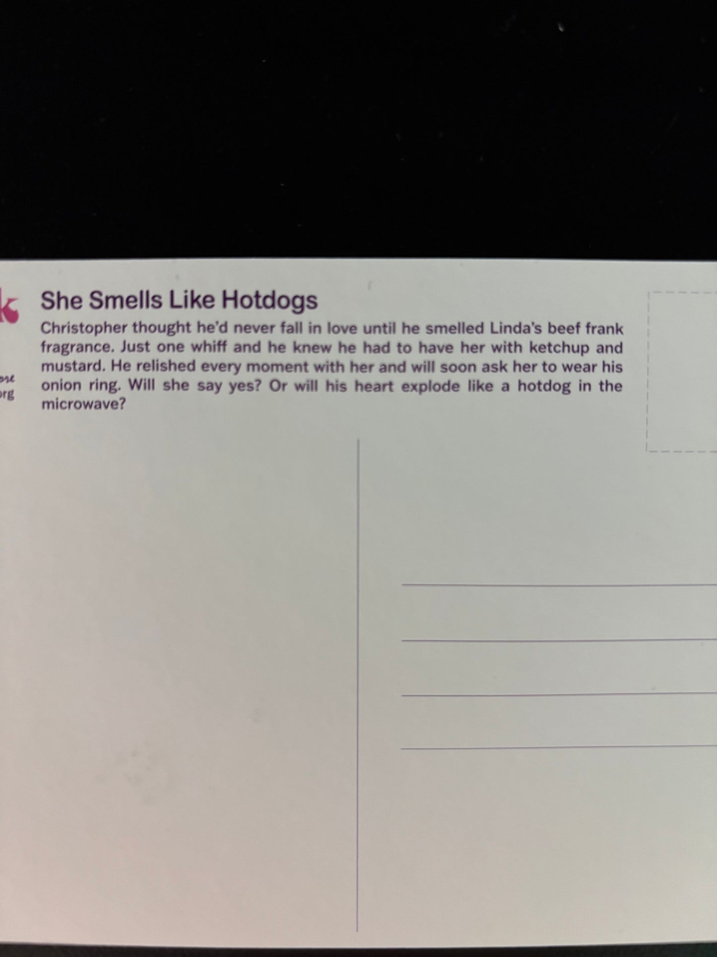 She Smells Like Hot Dogs - postcard